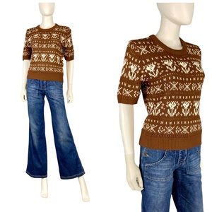Vintage 80s mod twee babydoll Brown eyelet knit floral short puff sleeve sweater